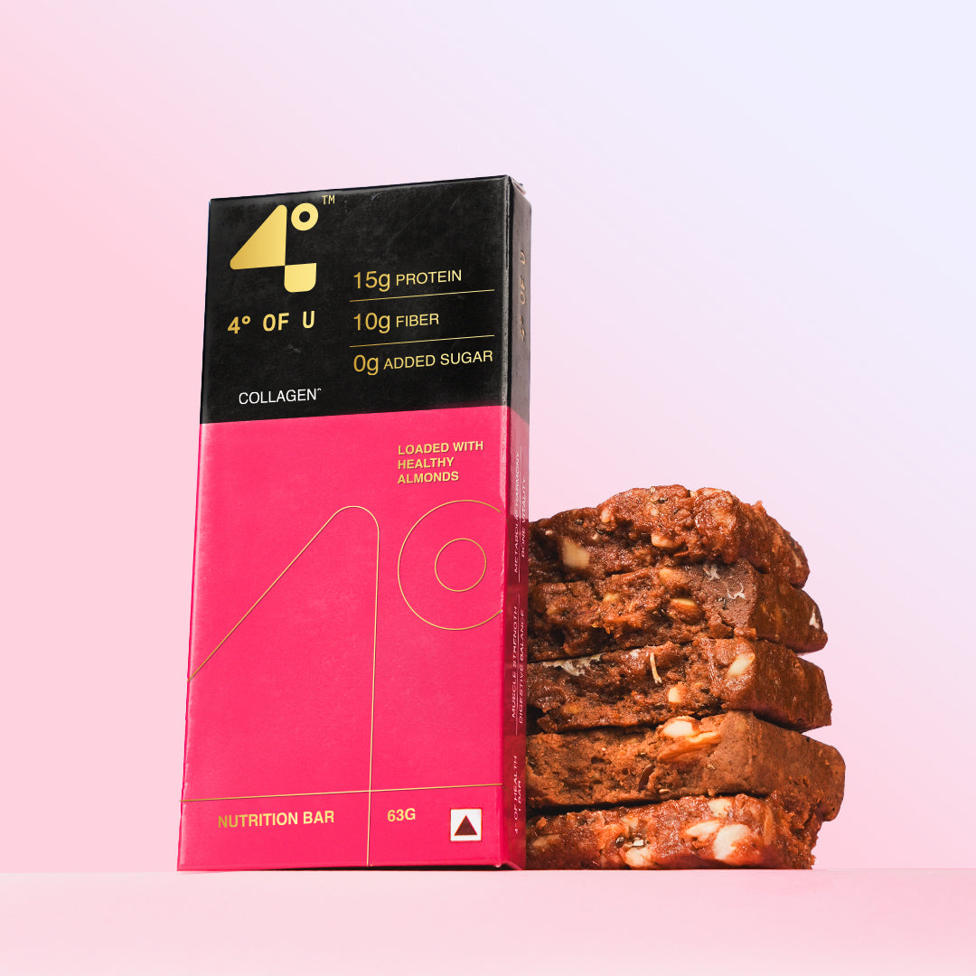 Collagen Nutrition bar packaging with a stack of bars on a pink background