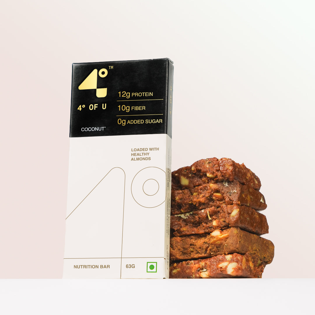 Nutrition bar packaging with a stack of bars on a white background