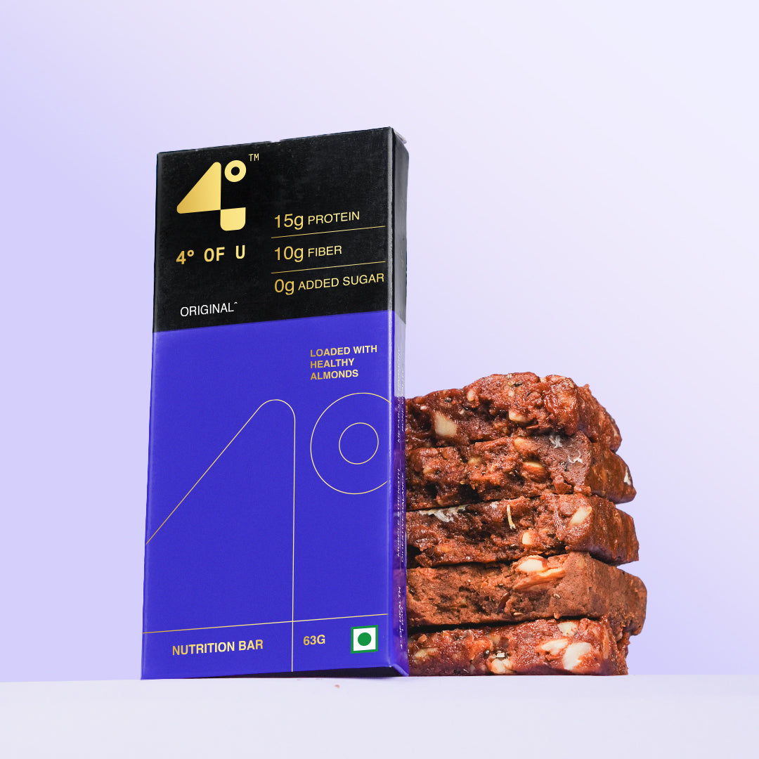 4 Degrees of U nutrition bar packaging with a stack of bars on a light purple background